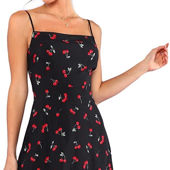 Women's Summer Floral Cherry Print A Line Short Cami Dress - Picture 4 of 5